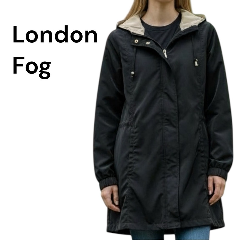 London Fog Black Hooded Rain Jacket Wind Breaker Coat Zip Out Lining Size M